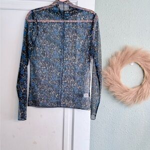 Sheer Floral Mesh Long-Sleeve Top in Blue